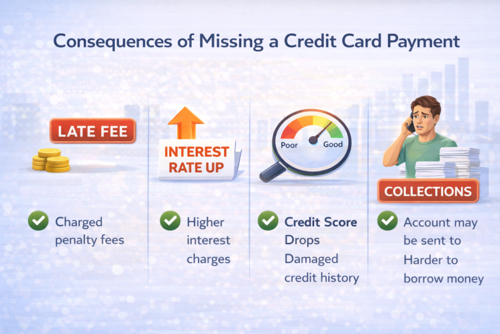 Infographic showing consequences of missing a credit card payment including late fees, higher interest, credit score drop, and collections