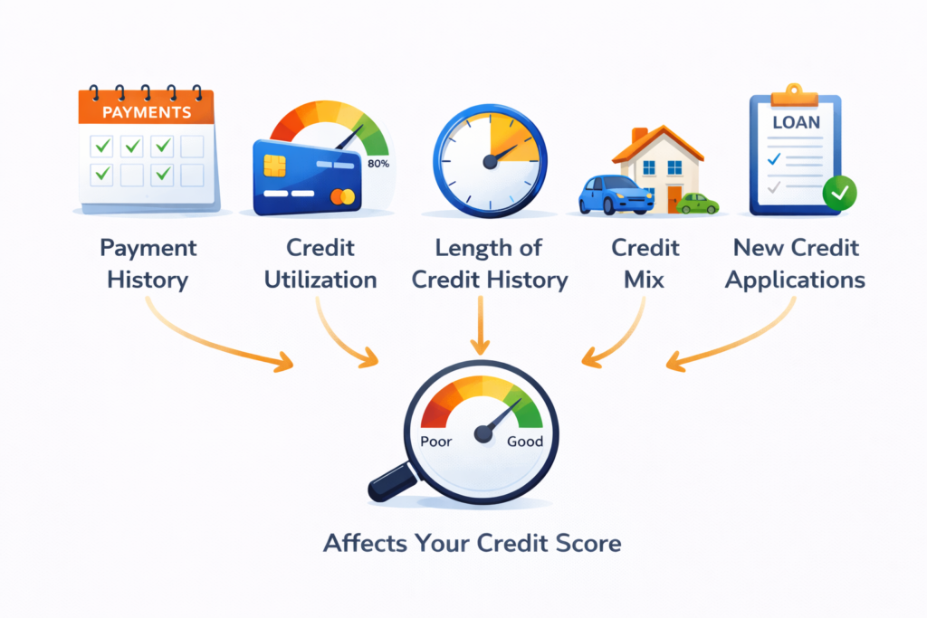 Diagram icon set showing payment history, credit utilization and other credit score components