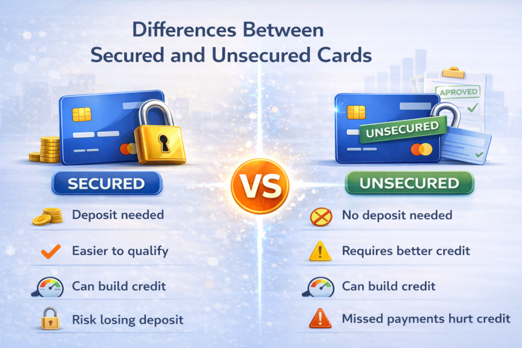 Side by side visual of secured and unsecured credit card features