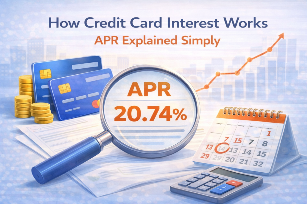 Illustration explaining credit card interest and APR with magnifying glass over credit card statement and interest rate