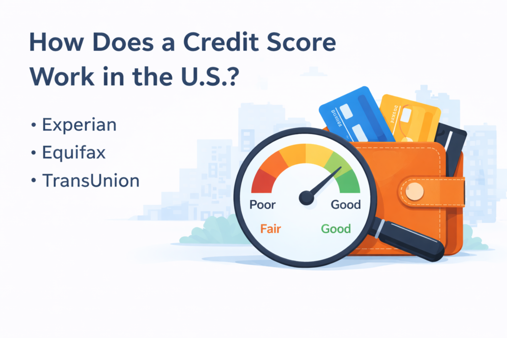 Illustration showing how a credit score works in the U.S., with credit bureaus, wallet, and credit score gauge