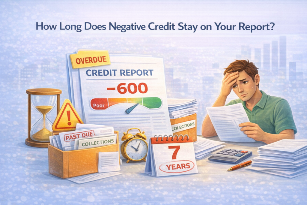 Person reviewing a credit report with overdue payments, collections, and timeline showing how long negative credit stays