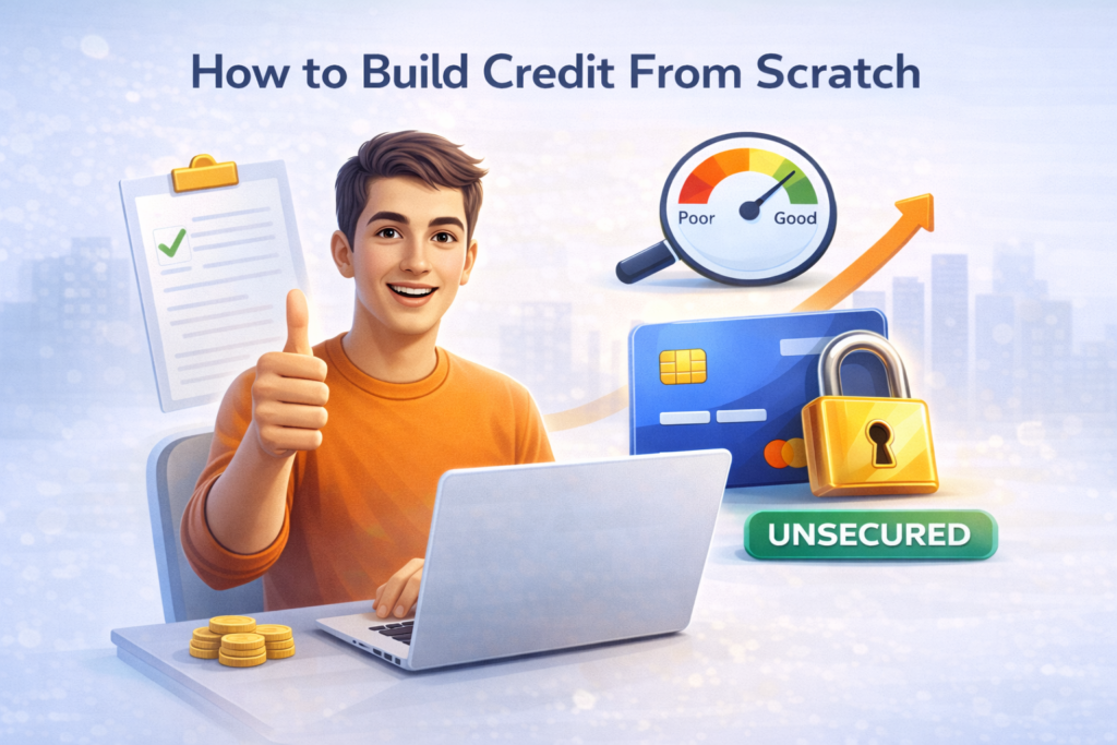 Person building credit from scratch using a laptop, secured credit card, and positive credit score gauge