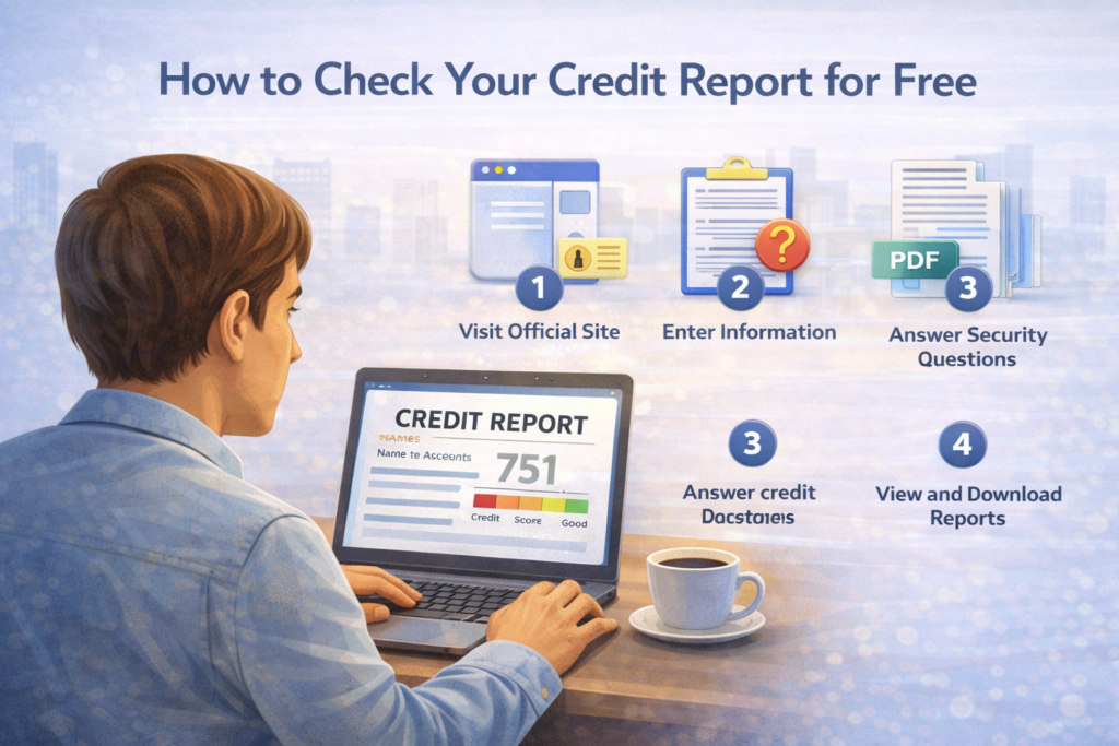 Person checking credit report online with step-by-step guide icons and credit score displayed on laptop