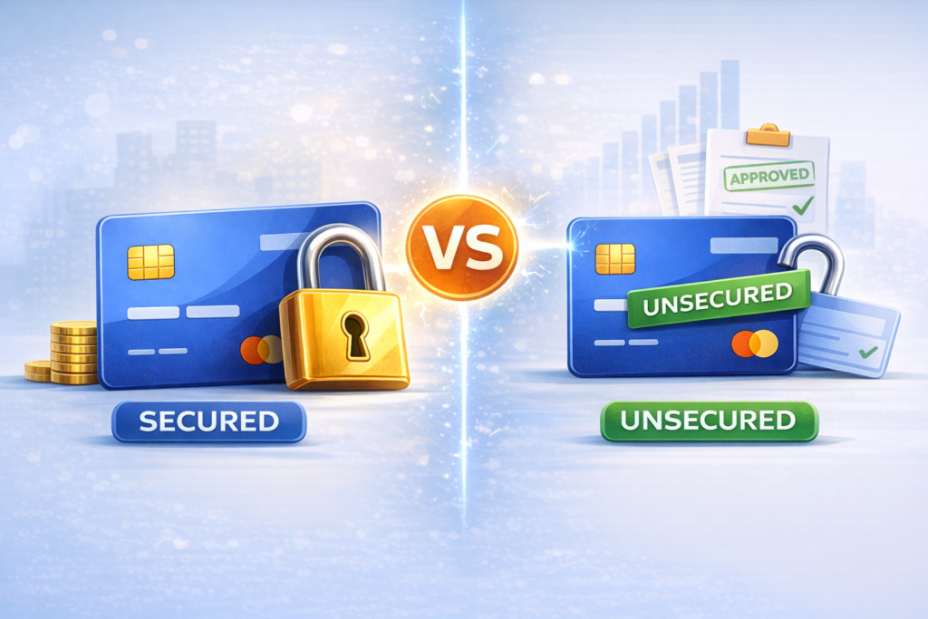 Comparison between secured and unsecured credit cards with lock and approval symbols