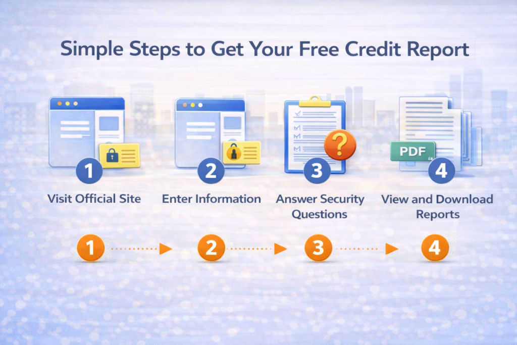 Infographic showing four steps to get a free credit report online including visit site, enter info, security questions, and download report