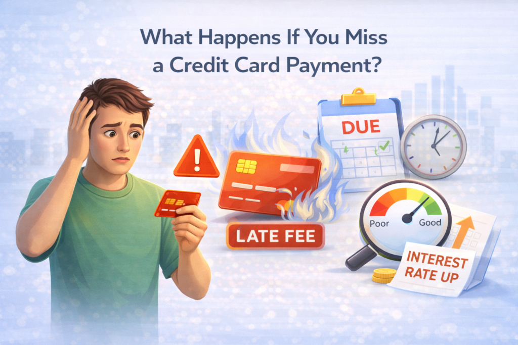 Person worried after missing a credit card payment with late fee, due date, and credit score drop symbols