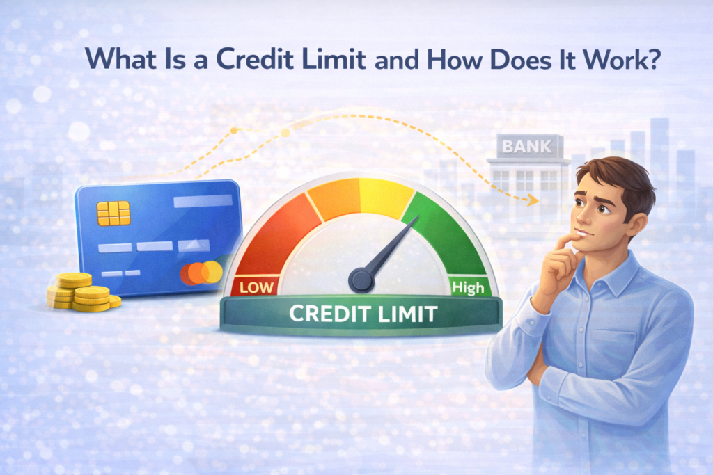 Credit limit gauge with credit card and person thinking about borrowing limit