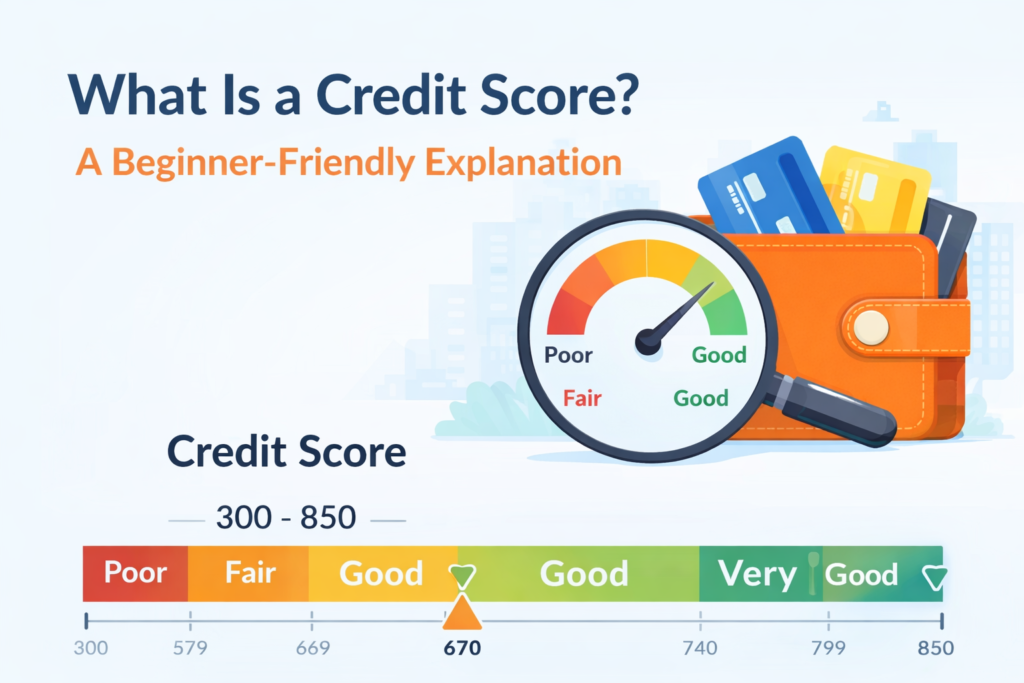 Illustration explaining what a credit score is, showing a credit score gauge, wallet, and credit cards for beginners