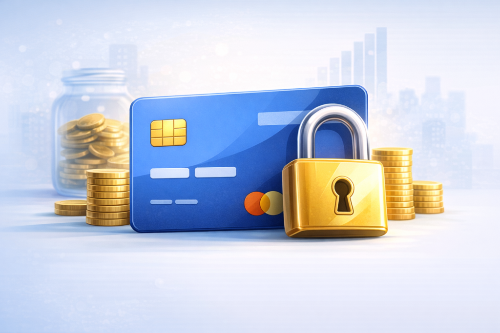 Secured credit card illustration with security lock and deposit money concept