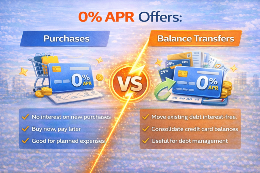Infographic comparing 0 percent APR offers on purchases and balance transfers