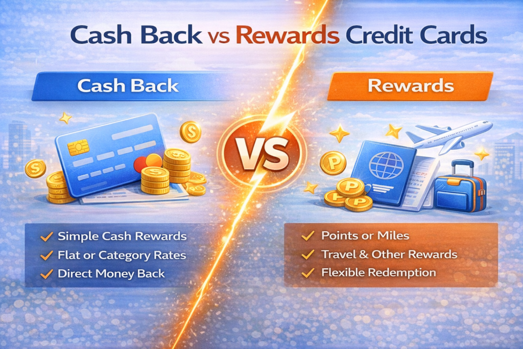 Comparison illustration of cash back and rewards credit cards showing money coins on one side and travel points with airplane on the other