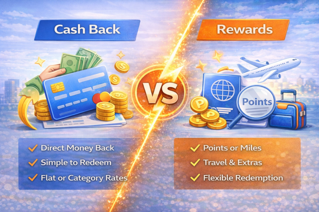 Infographic comparing cash back credit cards and rewards credit cards showing direct money back versus points and travel benefits
