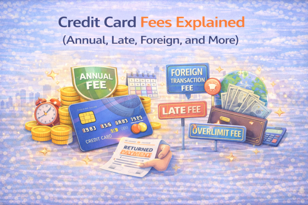 Illustration showing different credit card fees including annual fee, late fee, foreign transaction fee, and overlimit fee