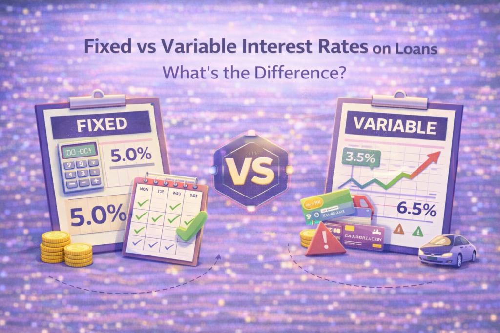 Illustration comparing fixed vs variable interest rates on loans, showing stable payments versus changing rates over time