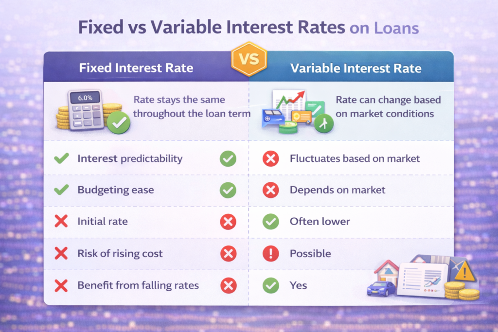 Infographic comparing fixed and variable loan interest rates, showing stable payments versus fluctuating rates