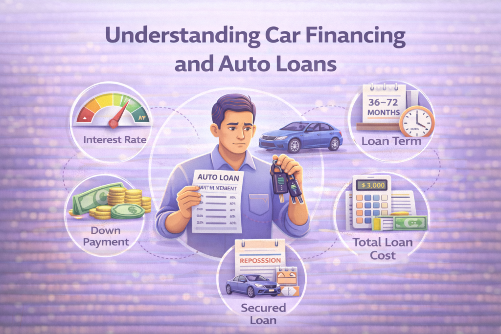 Infographic explaining key factors of auto loans including down payment, interest rate, loan term, monthly payments, and total loan cost