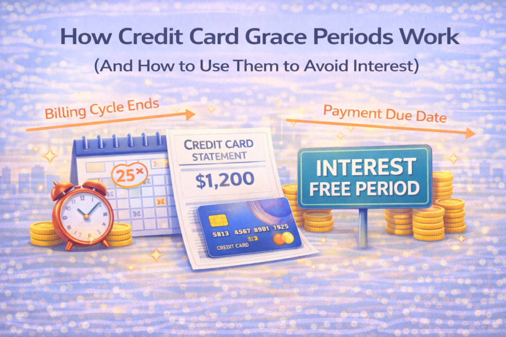 Illustration showing how a credit card grace period works with billing cycle end, payment due date, and an interest-free period sign