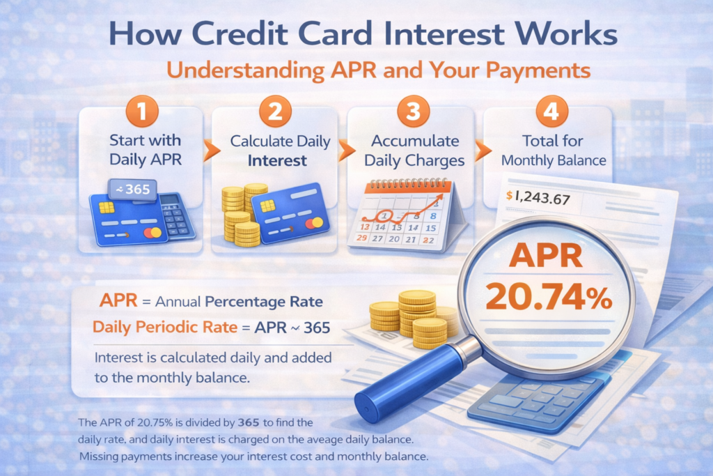Infographic showing how credit card interest is calculated using APR, daily rate, and monthly balance accumulation