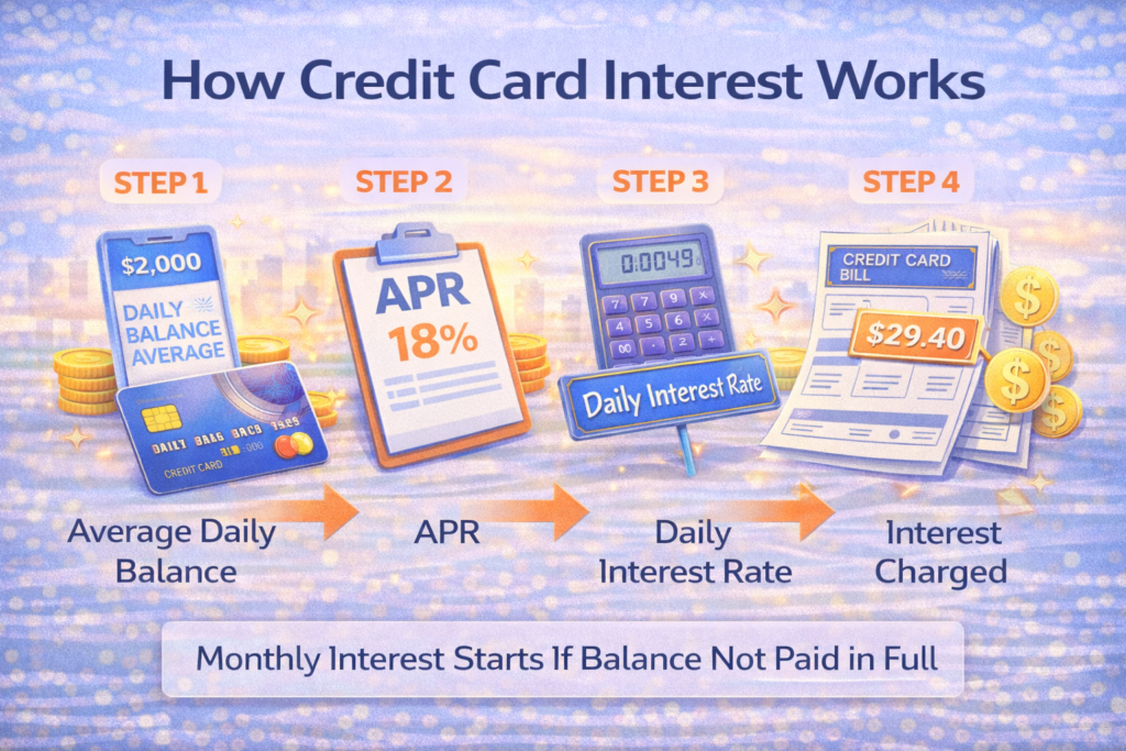 Infographic explaining how credit card interest works from average daily balance to interest charged
