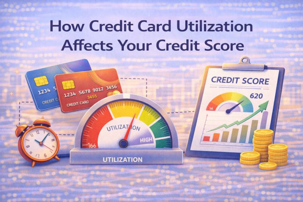 Illustration showing a credit card with a utilization meter indicating low versus high credit usage