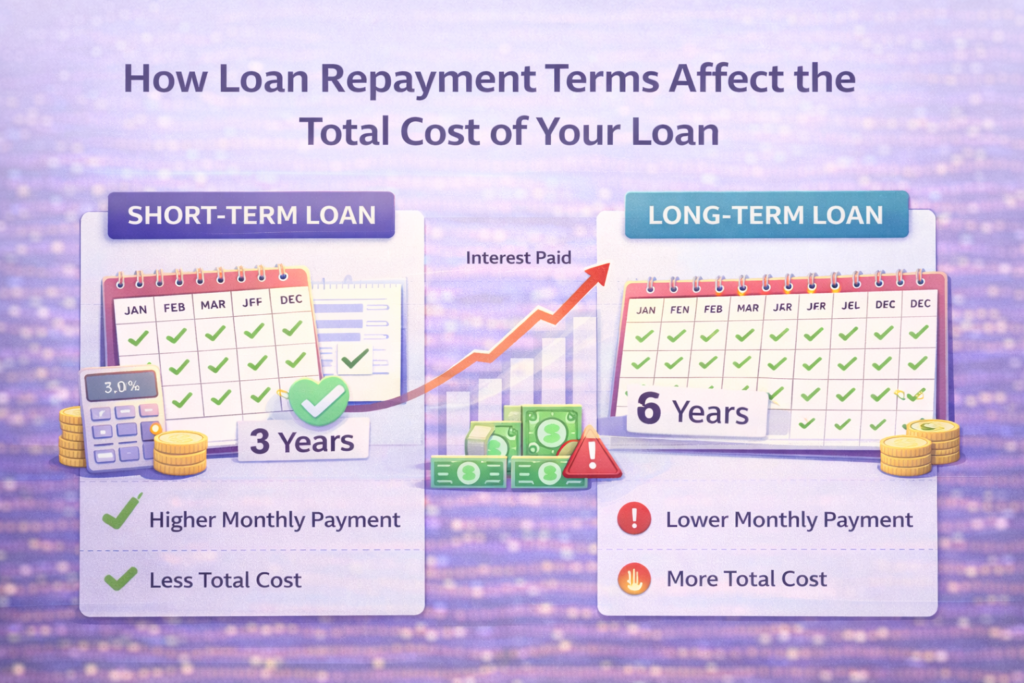 Illustration comparing short-term and long-term loan repayment terms, showing higher monthly payments with lower total cost versus lower payments with higher total interest