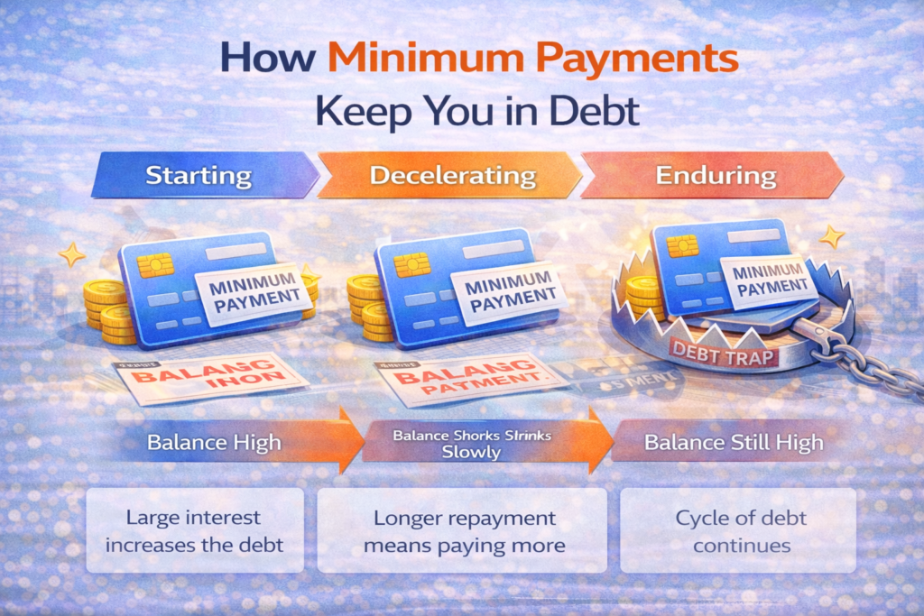 Infographic showing how minimum credit card payments keep debt high over time through interest and slow balance reduction