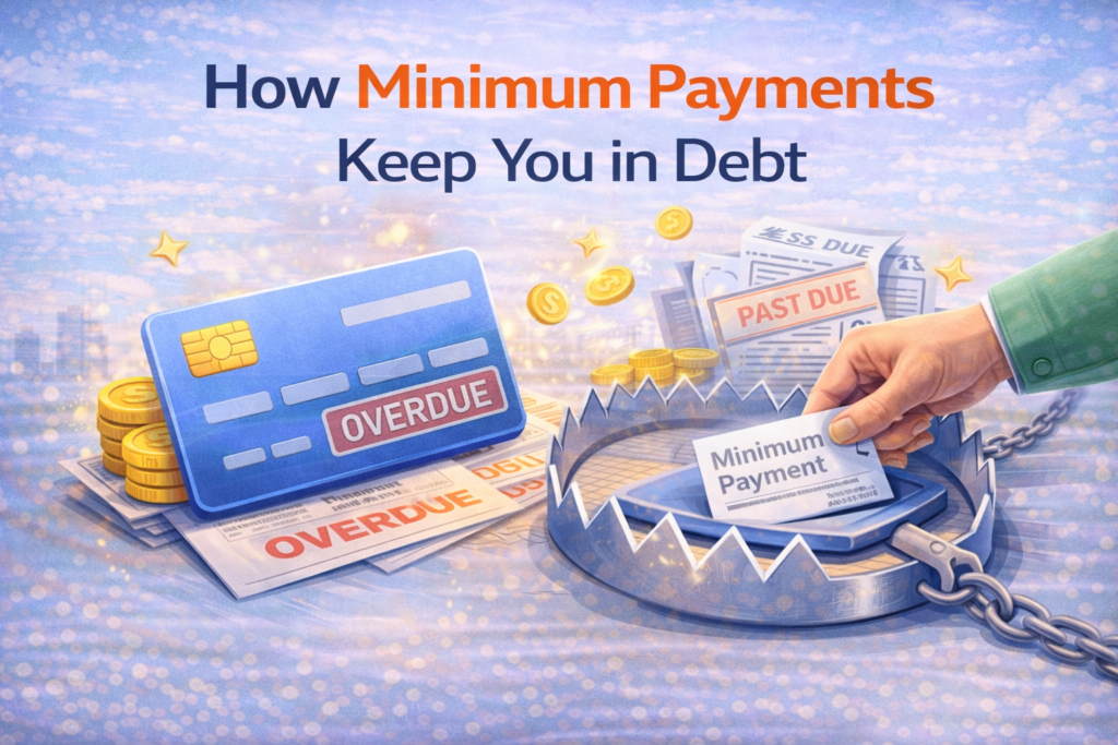 Illustration showing minimum credit card payment leading to debt trap with overdue bills and credit card