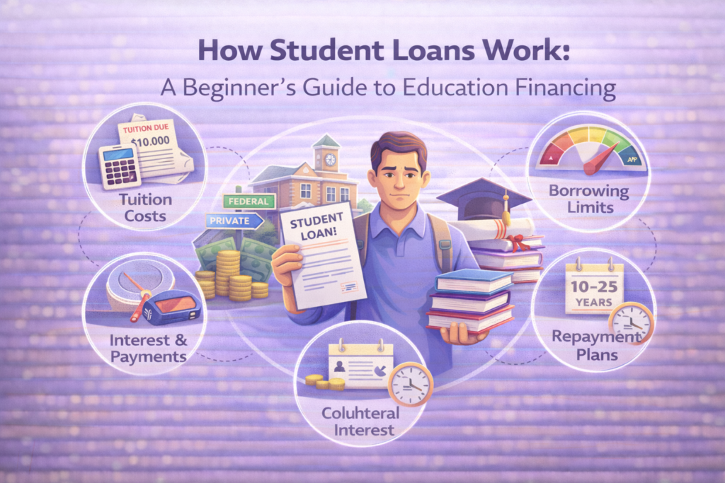 Illustration explaining how student loans work, including tuition costs, interest, repayment terms, and post-graduation payments