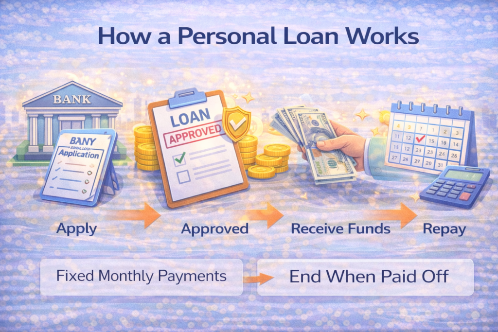 Infographic showing how a personal loan works from application and approval to receiving funds and repayment