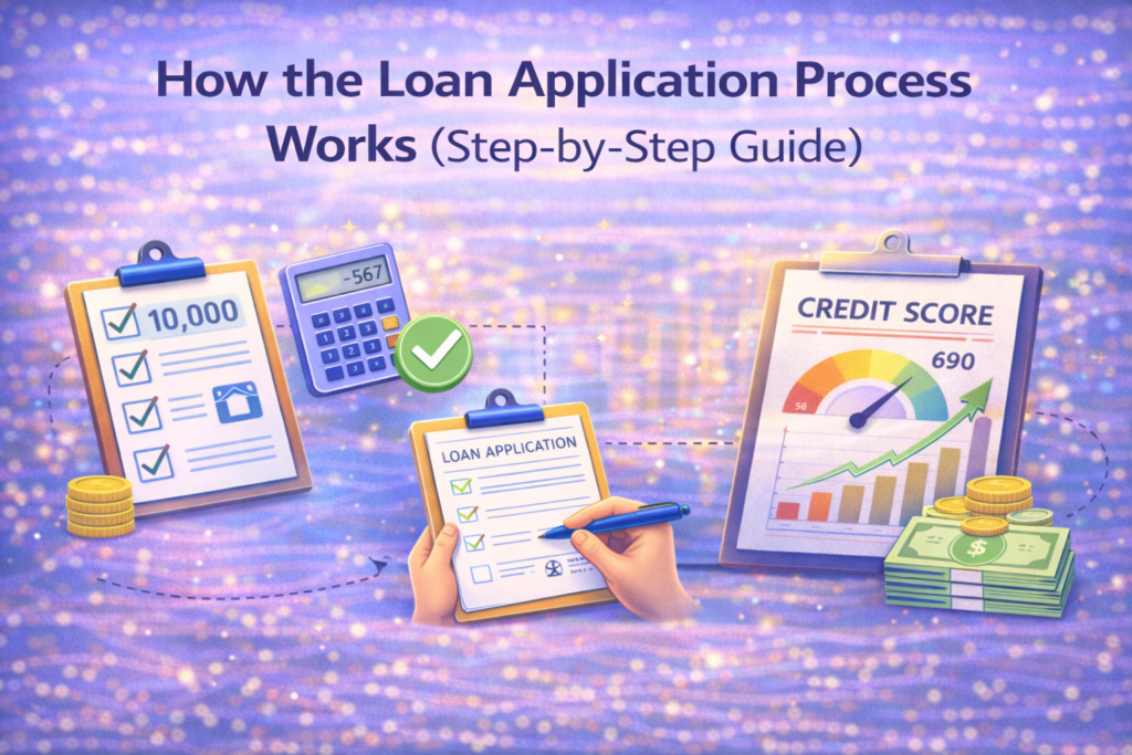 Illustration showing the loan application process step by step, including forms, approval checks, and verification documents