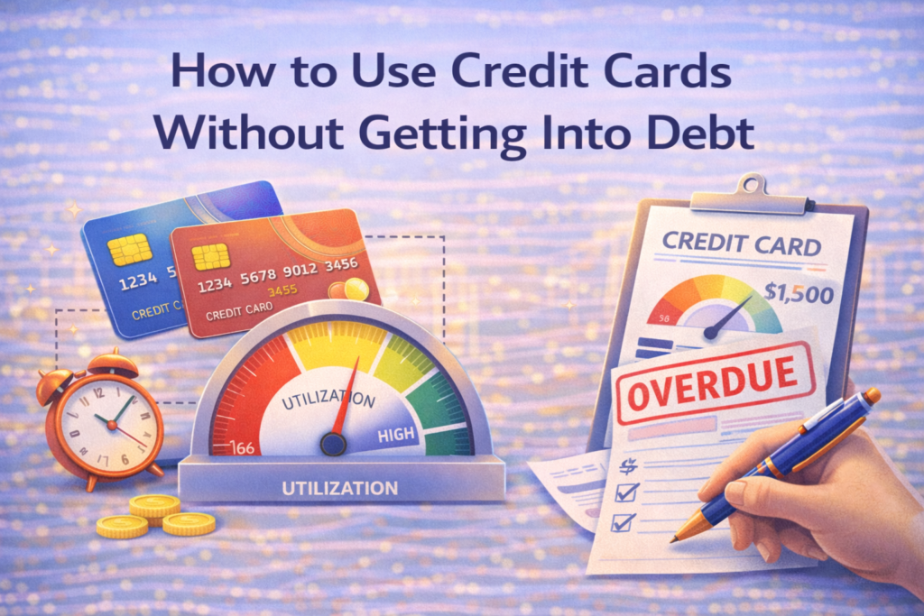 How to use credit cards responsibly without falling into debt, showing credit cards, utilization meter, and overdue bill illustration