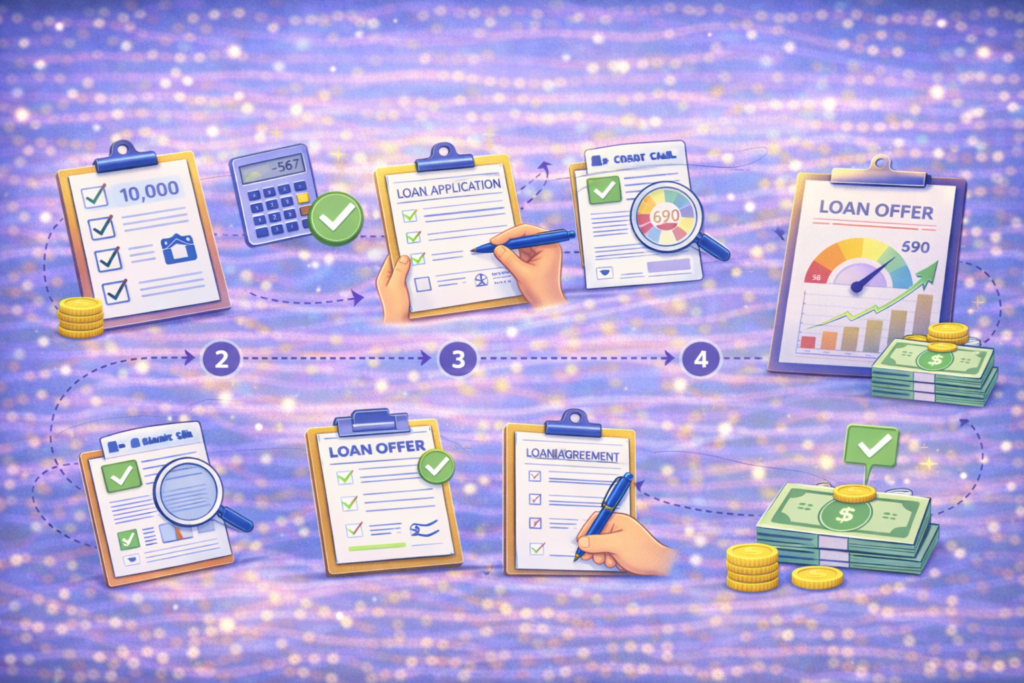 Visual infographic of the loan application process showing steps like application, verification, approval, and fund disbursement