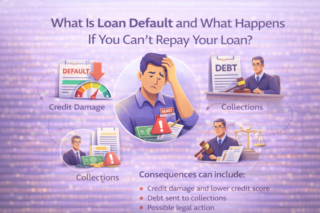 Infographic showing the main consequences of loan default, including credit damage, collections, and possible legal action