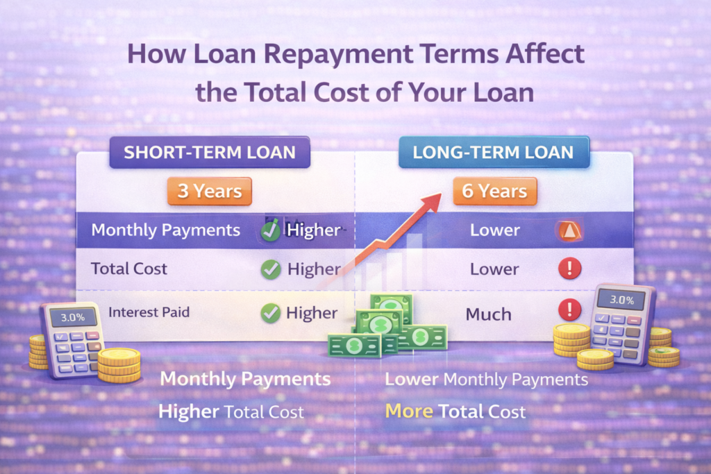 Infographic comparing short-term and long-term loan repayment terms, showing differences in monthly payments, total cost, and interest paid