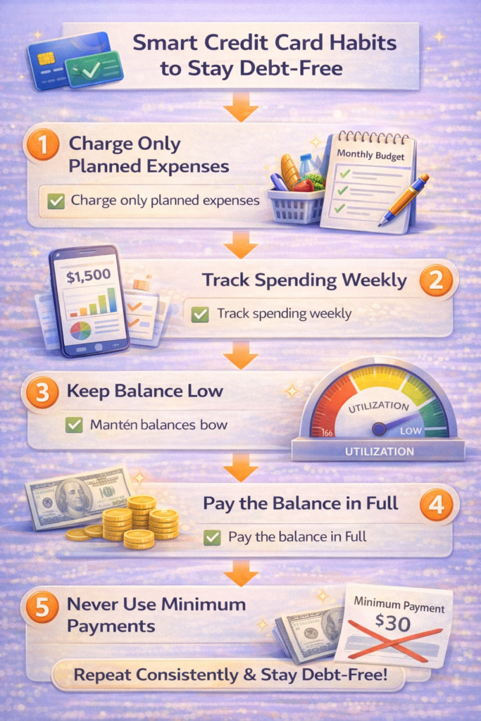 Infographic showing smart credit card habits to stay debt-free, including tracking spending, keeping balances low, and paying in full