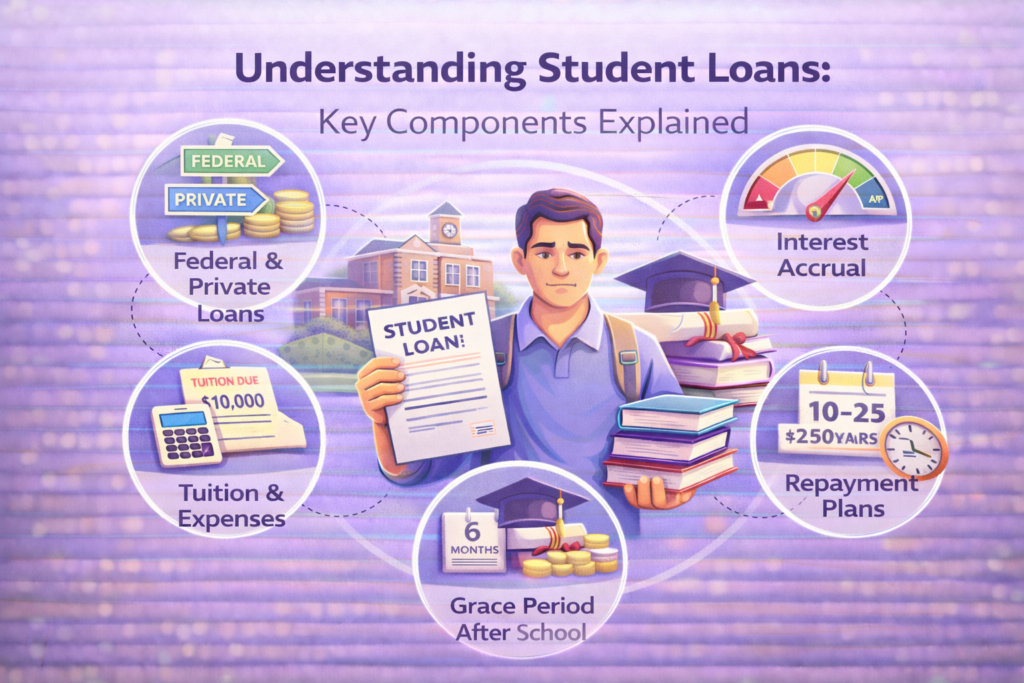 Infographic explaining the key components of student loans, including tuition costs, interest accrual, repayment plans, and grace period after graduation