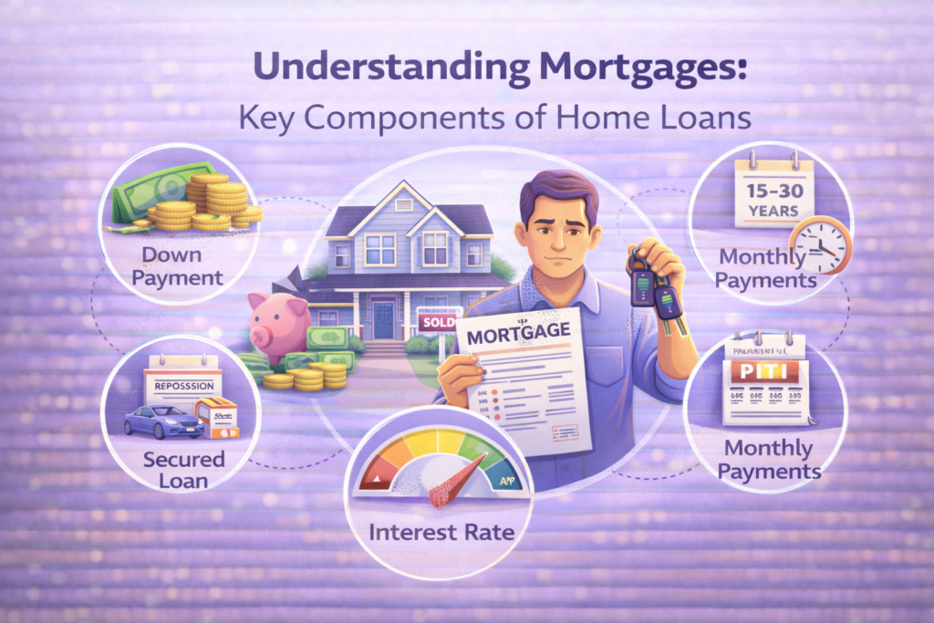 Infographic showing key elements of a mortgage including down payment, loan term, interest rate, monthly payments, and secured home loan structure