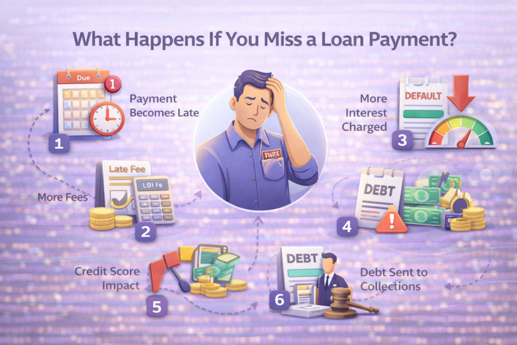 Illustration showing the consequences of missing a loan payment, including late fees, increased interest, credit score impact, default, and debt collections