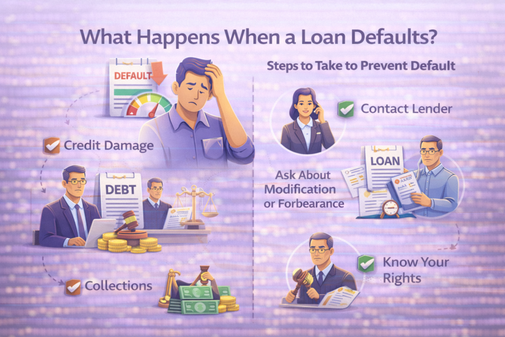Illustration explaining loan default and its consequences, including credit damage, debt collections, lower credit score, and legal action