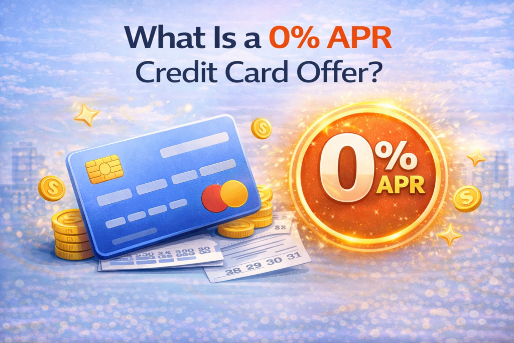 Illustration of a 0 percent APR credit card offer with credit card, coins, and promotional badge