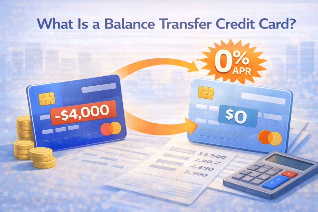 Illustration of balance transfer credit card showing debt moved from one card to another with 0 percent APR