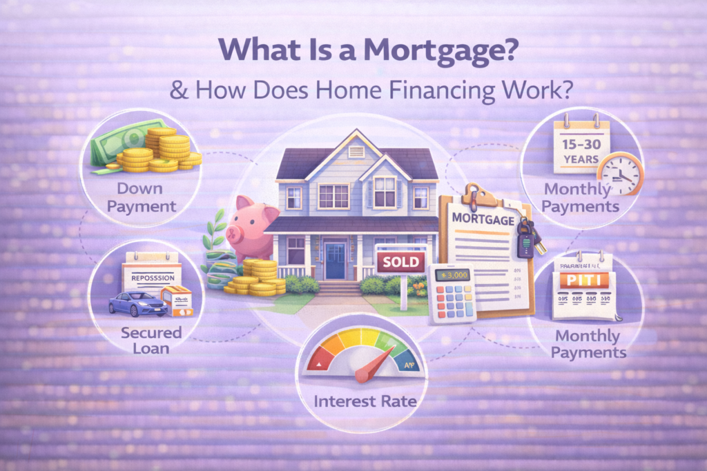 Illustration explaining what a mortgage is and how home financing works, featuring a house, down payment, interest rate, loan term, and monthly payment elements