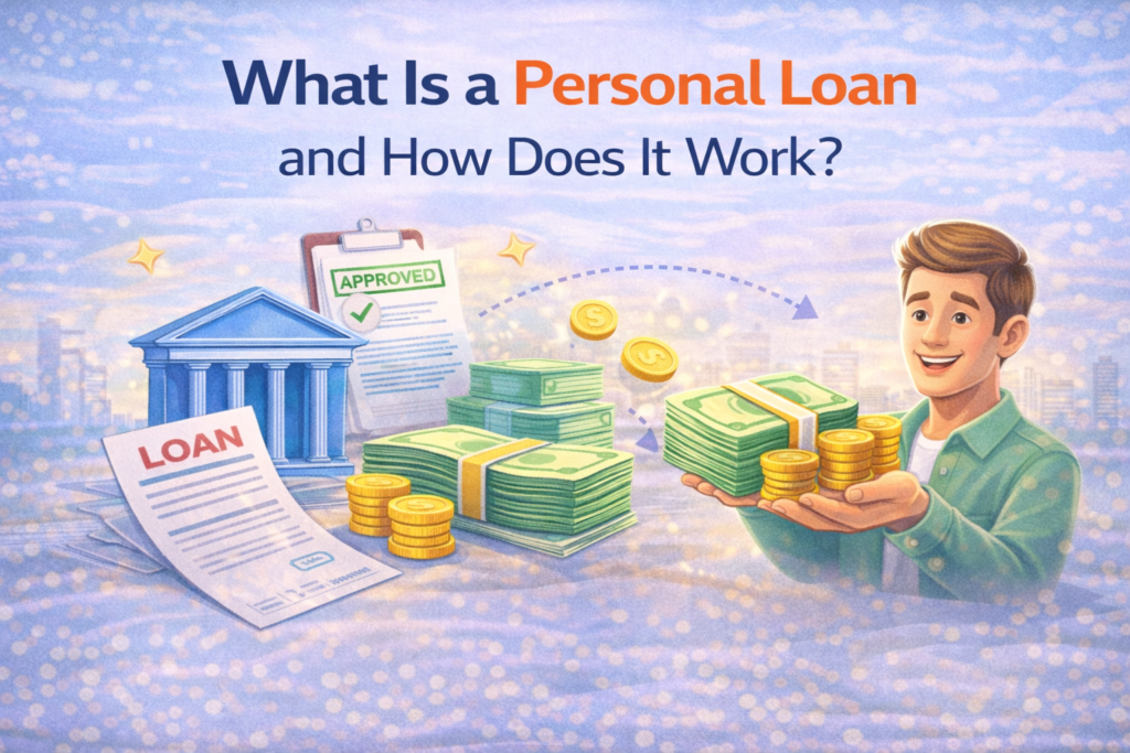 Illustration explaining a personal loan with bank building, approved loan document, cash, and borrower receiving funds