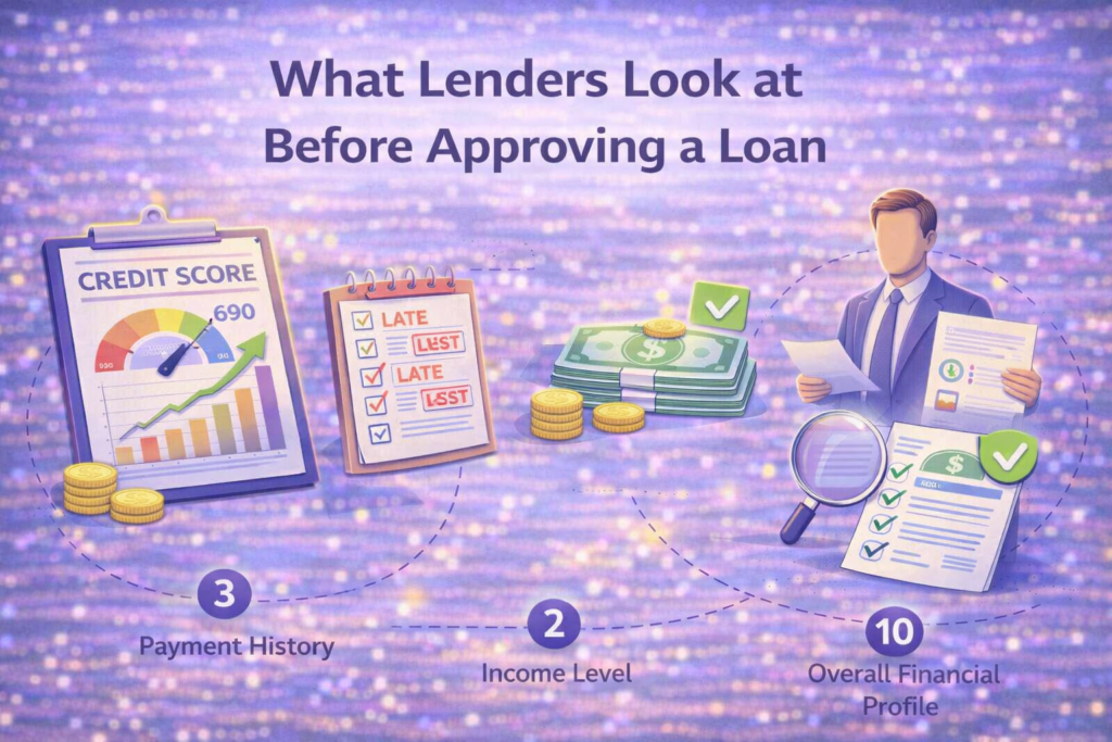 Illustration showing key factors lenders review before approving a loan, including credit score, payment history, income, and financial profile