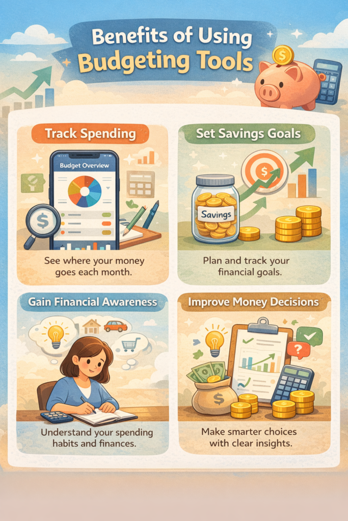 Infographic showing the benefits of budgeting tools including tracking spending, setting savings goals, gaining financial awareness and improving money decisions