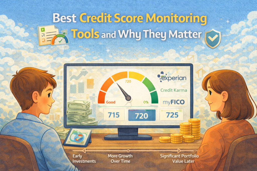 Illustration of two people checking their credit score on a computer dashboard showing credit score monitoring tools and financial indicators.