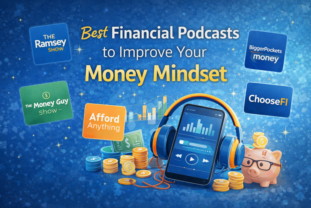 Illustration of a smartphone with headphones playing financial podcasts, surrounded by money icons, charts and podcast logos.
