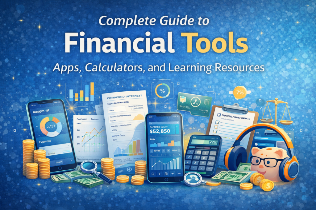 Illustration showing financial tools including budgeting apps, investment trackers, calculators and financial learning resources on digital devices.