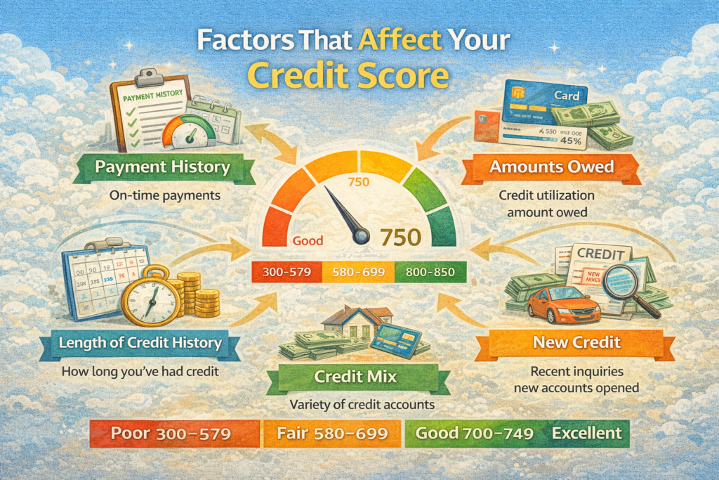 Infographic explaining the main factors that affect your credit score including payment history, credit utilization, credit history length, new credit and credit mix.